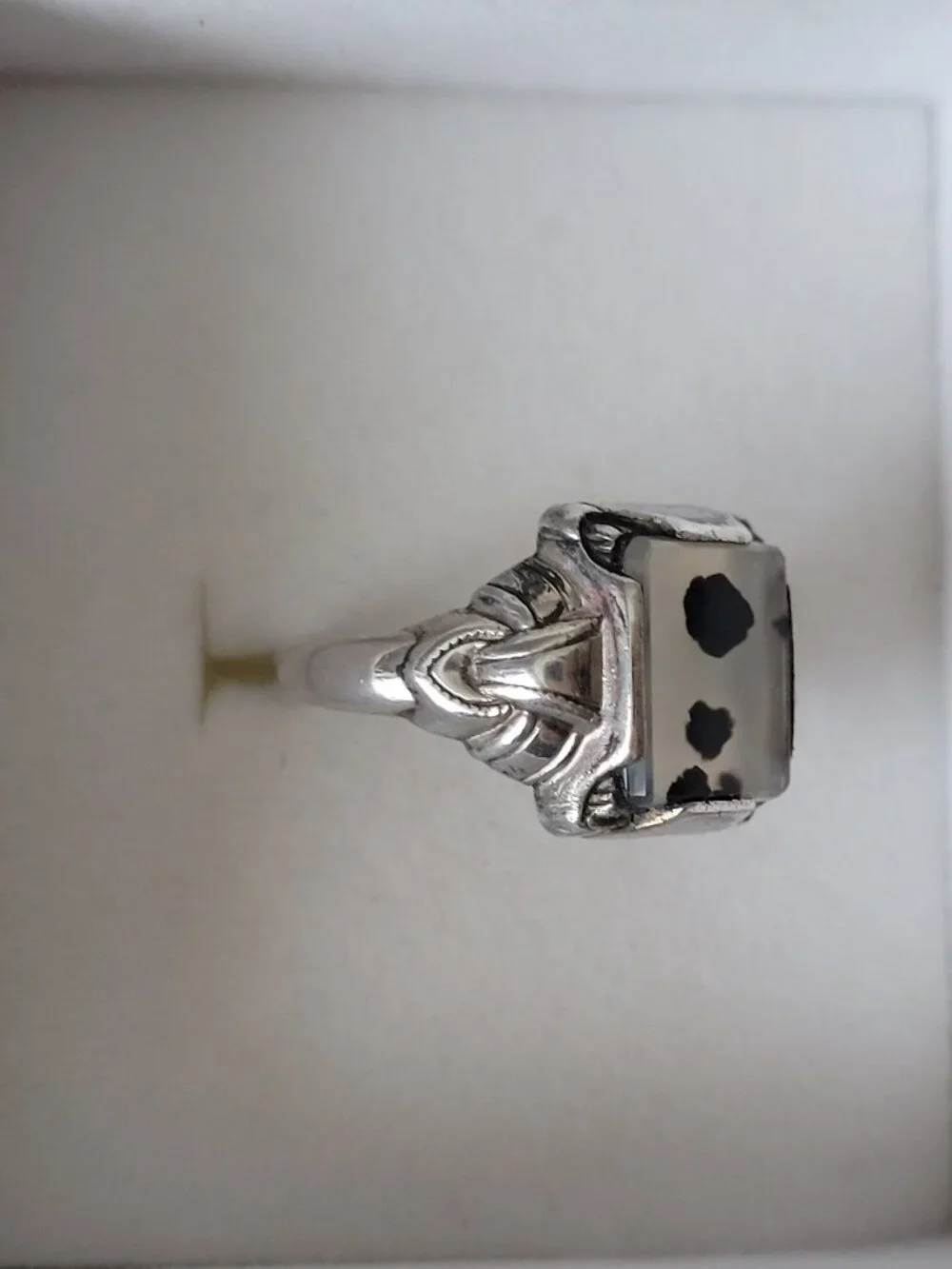 Art Deco Moss Agate Sterling Ring Ostby Barton Signet